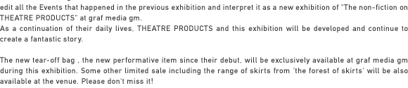 For the forthcoming exhibition, THEATRE PRODUCTS will edit all the Events that happened in the previous exhibition and interpret it as a new
exhibition of 